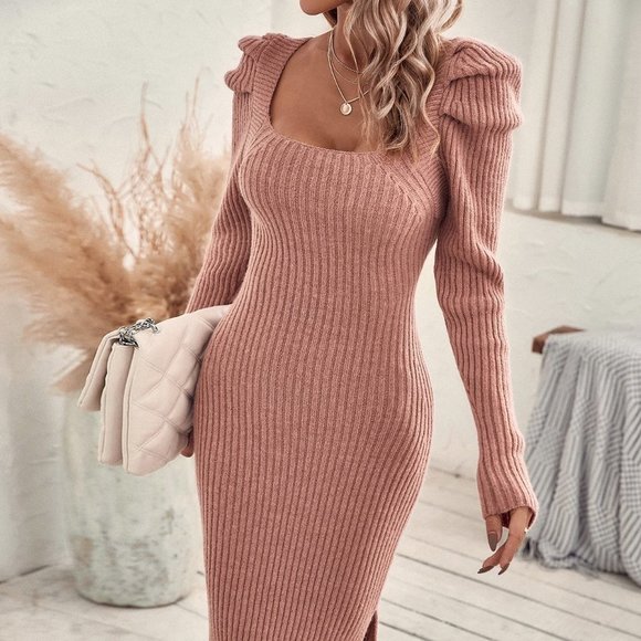 . Dresses & Skirts - Dusty Pink Preppy womens Scoop Neck Puff Sleeve Split Hem Sweater Dress
